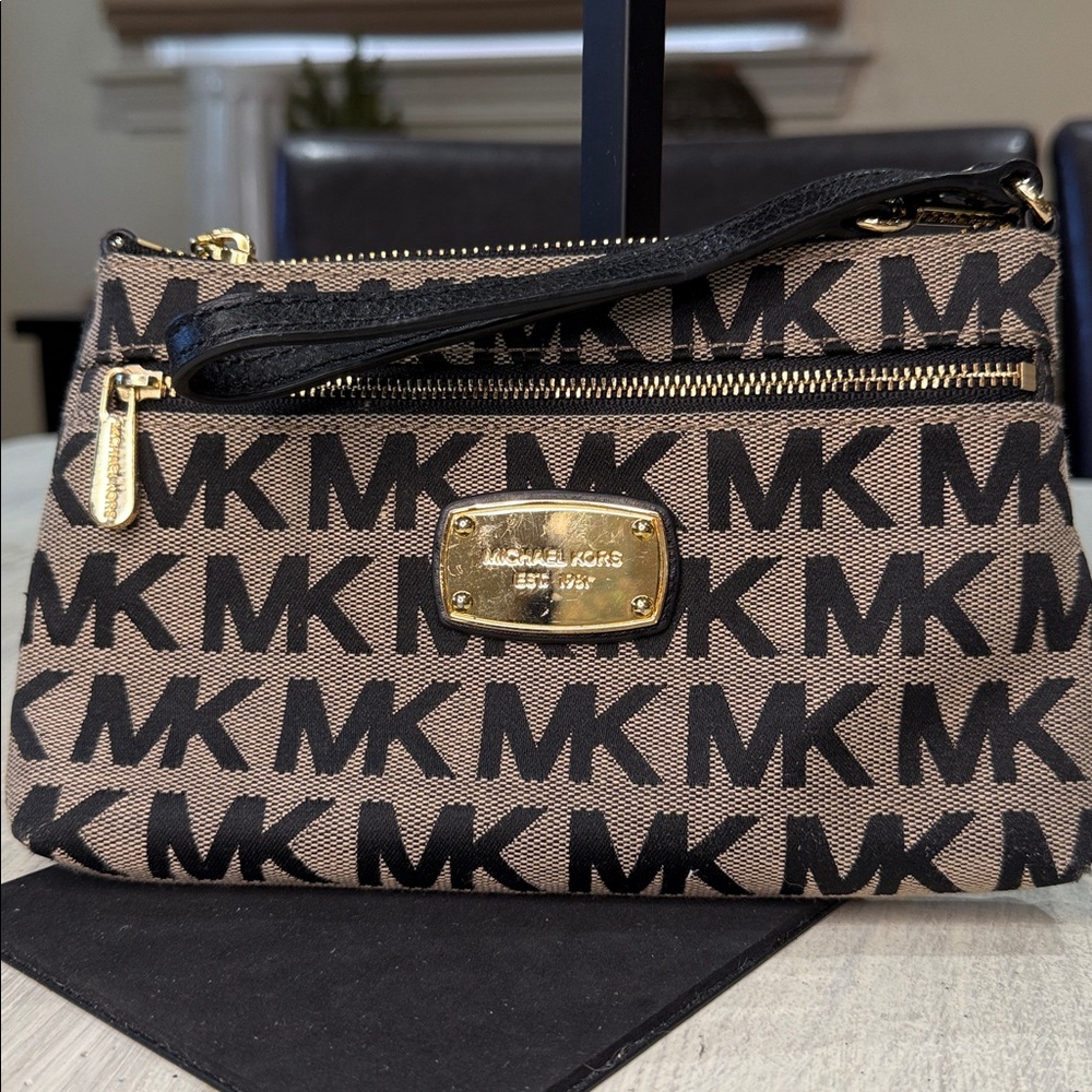 Michael Kors Large Tan and Black Logo Wristlet